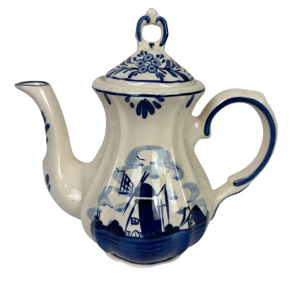 Delft Blue Handpainted Ceramic Teapot Windmill Floral Blue White Dutch Pottery